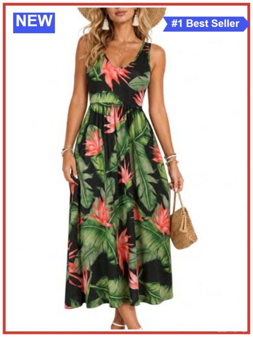 Boho Midi Dress Spaghetti Strap Beach Vacation A-Line Sleeveless Floral